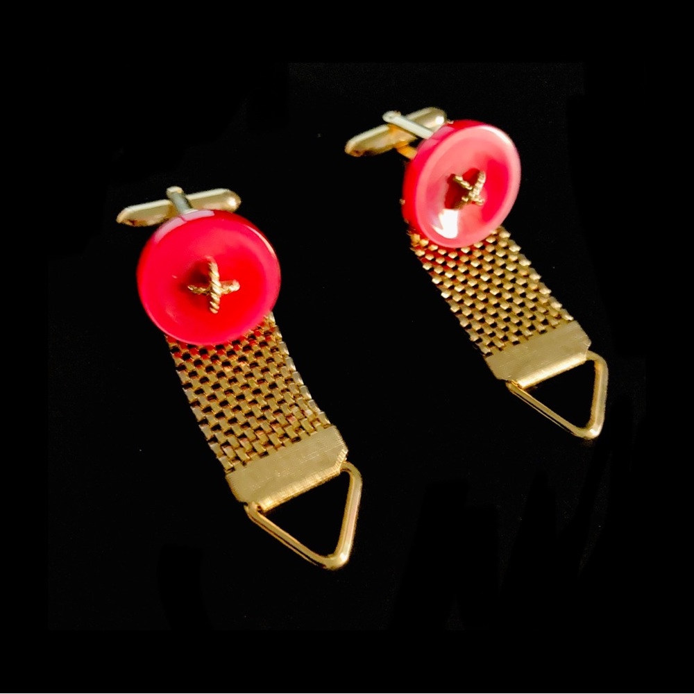Vintage Red & Gold Tone Button Wrap Around and Red Stone Button Cufflinks.